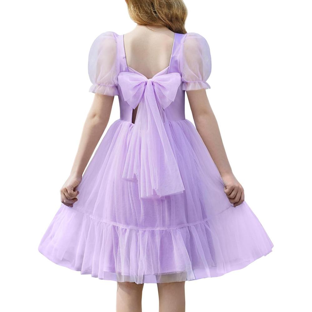 imageArshiner Girls Dresses Tulle Bow Tie Back Puff Sleeve Party Holiday Spring Summer Dress for 616Lilac