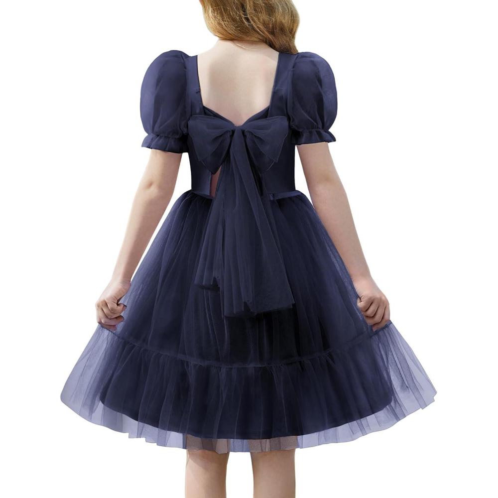 imageArshiner Girls Dresses Tulle Bow Tie Back Puff Sleeve Party Holiday Spring Summer Dress for 616Navy Blue