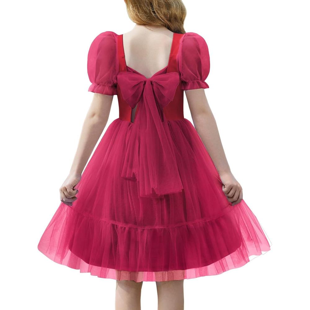 imageArshiner Girls Dresses Tulle Bow Tie Back Puff Sleeve Party Holiday Spring Summer Dress for 616Red