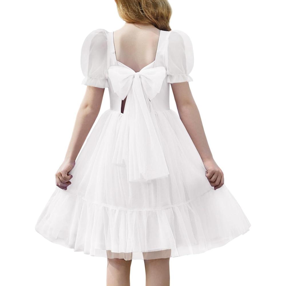 imageArshiner Girls Dresses Tulle Bow Tie Back Puff Sleeve Party Holiday Spring Summer Dress for 616White