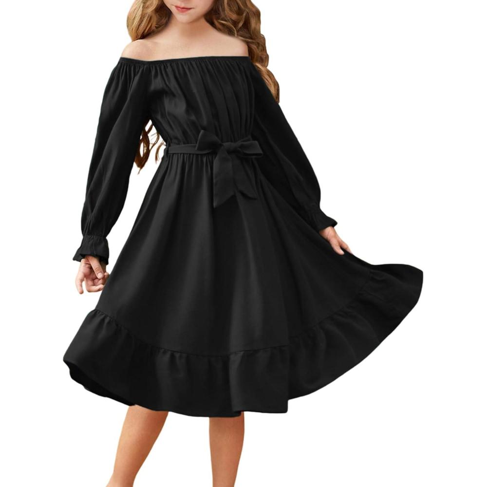 imageArshiner Girls Long Sleeve Dresses Fall Party Formal Holiday Swing Flowy Ruffle Midi DressBlack