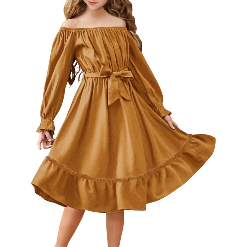 imageArshiner Girls Long Sleeve Dresses Fall Party Formal Holiday Swing Flowy Ruffle Midi DressBrown