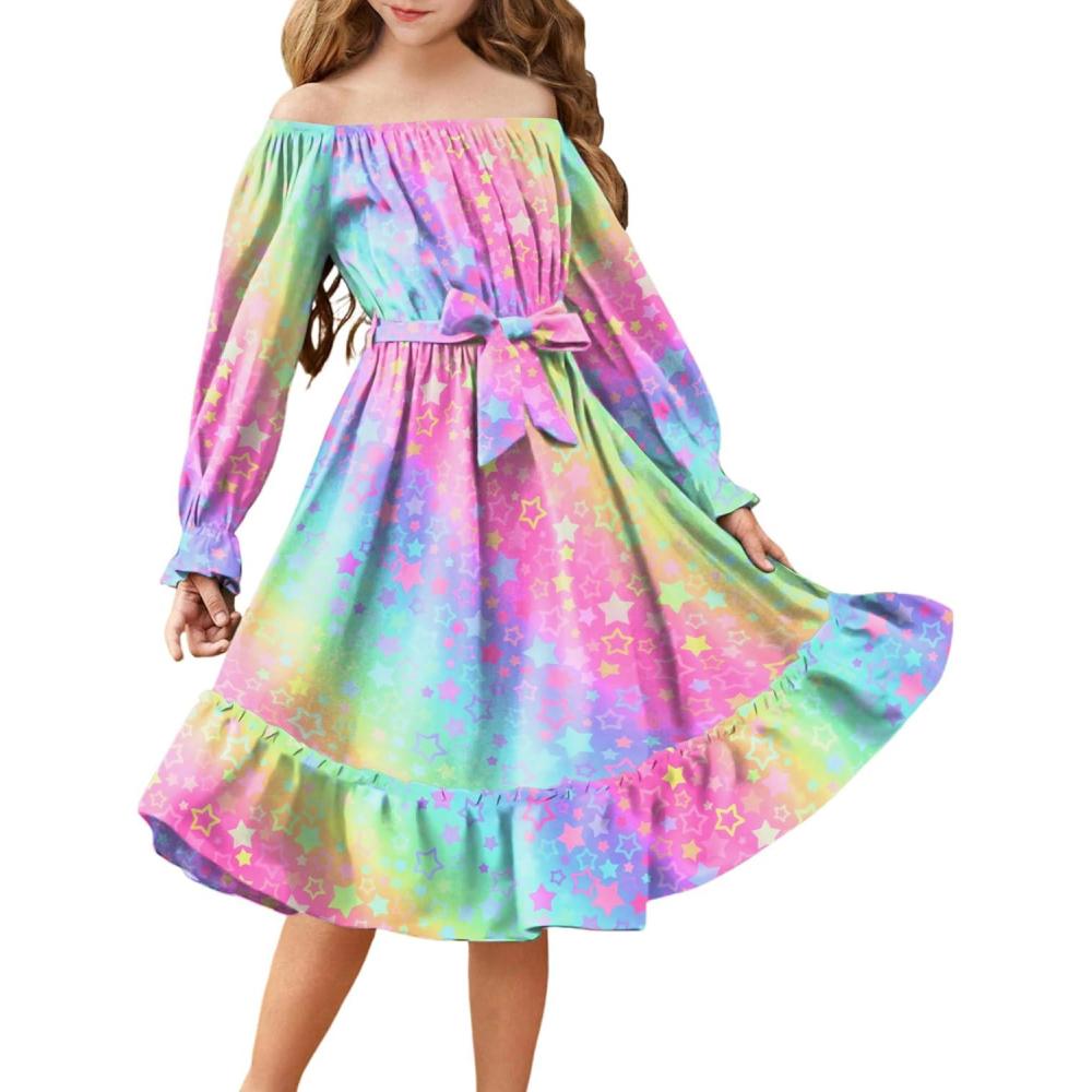 imageArshiner Girls Long Sleeve Dresses Fall Party Formal Holiday Swing Flowy Ruffle Midi DressRainbow