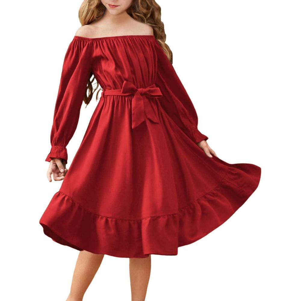 imageArshiner Girls Long Sleeve Dresses Fall Party Formal Holiday Swing Flowy Ruffle Midi DressRed