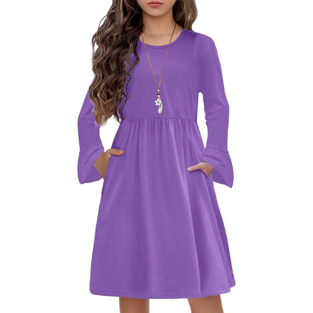 imageArshiner Girls Long Sleeve Floral Pleated Swing Dress Kids Casual Dresses with Pockets for 413 YearsDeep Purple