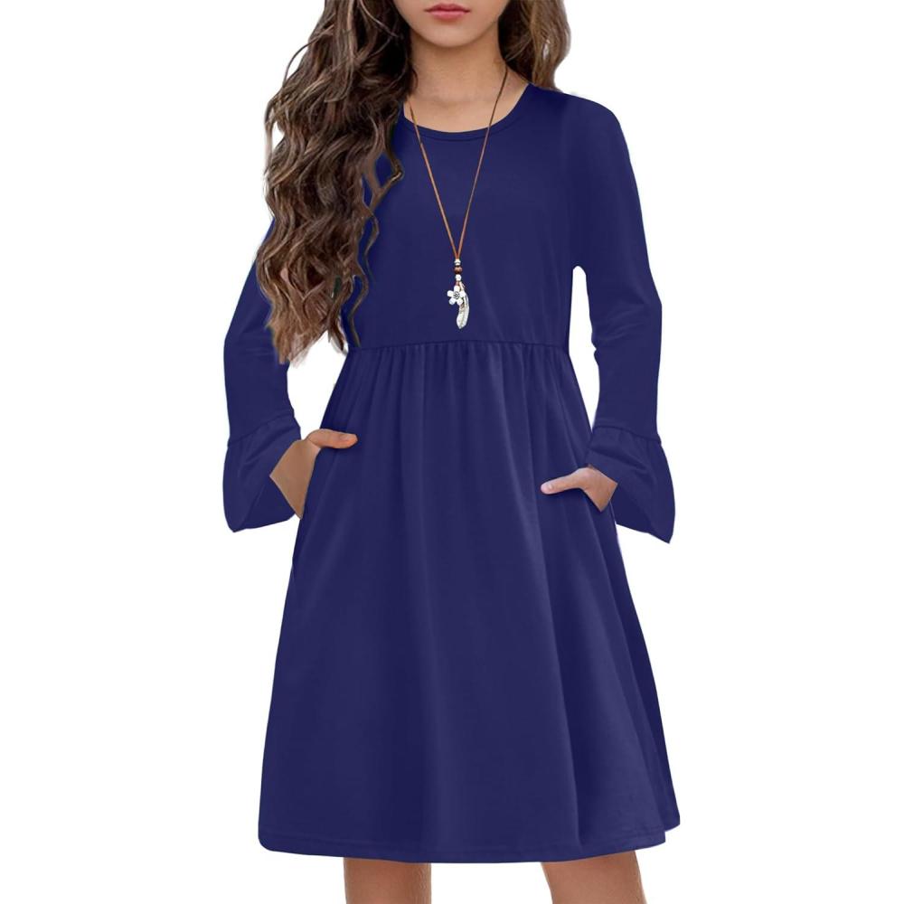imageArshiner Girls Long Sleeve Floral Pleated Swing Dress Kids Casual Dresses with Pockets for 413 YearsNavy Blue