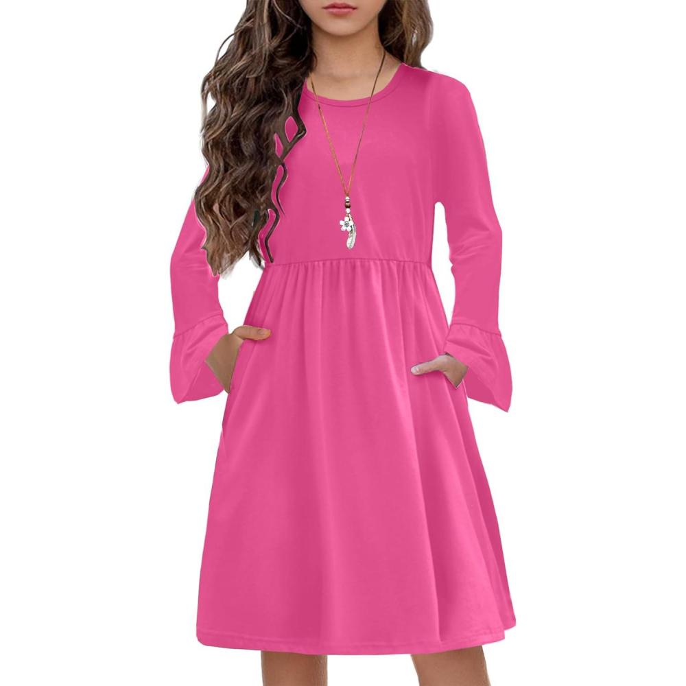 imageArshiner Girls Long Sleeve Floral Pleated Swing Dress Kids Casual Dresses with Pockets for 413 YearsRose Red