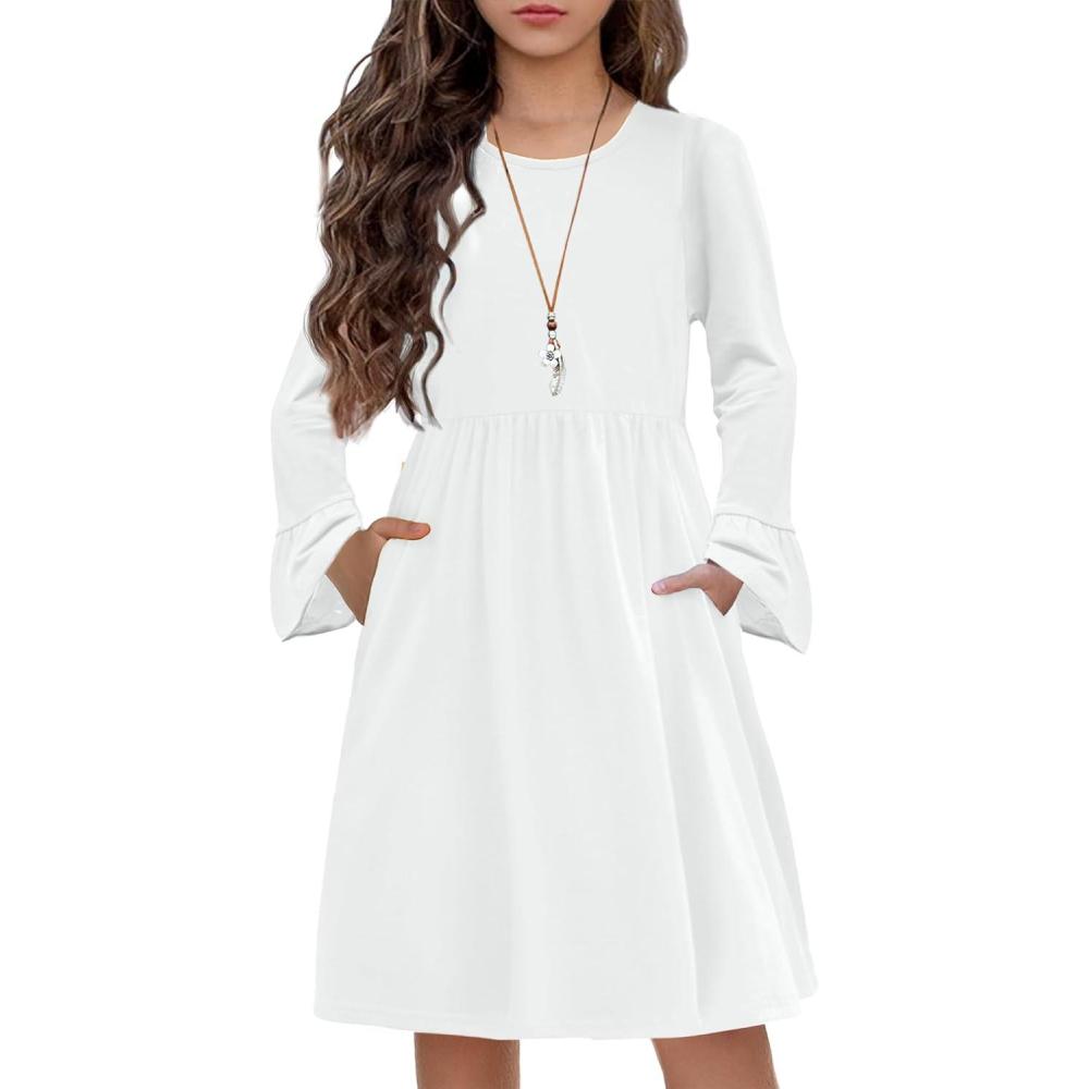 imageArshiner Girls Long Sleeve Floral Pleated Swing Dress Kids Casual Dresses with Pockets for 413 YearsSolid White