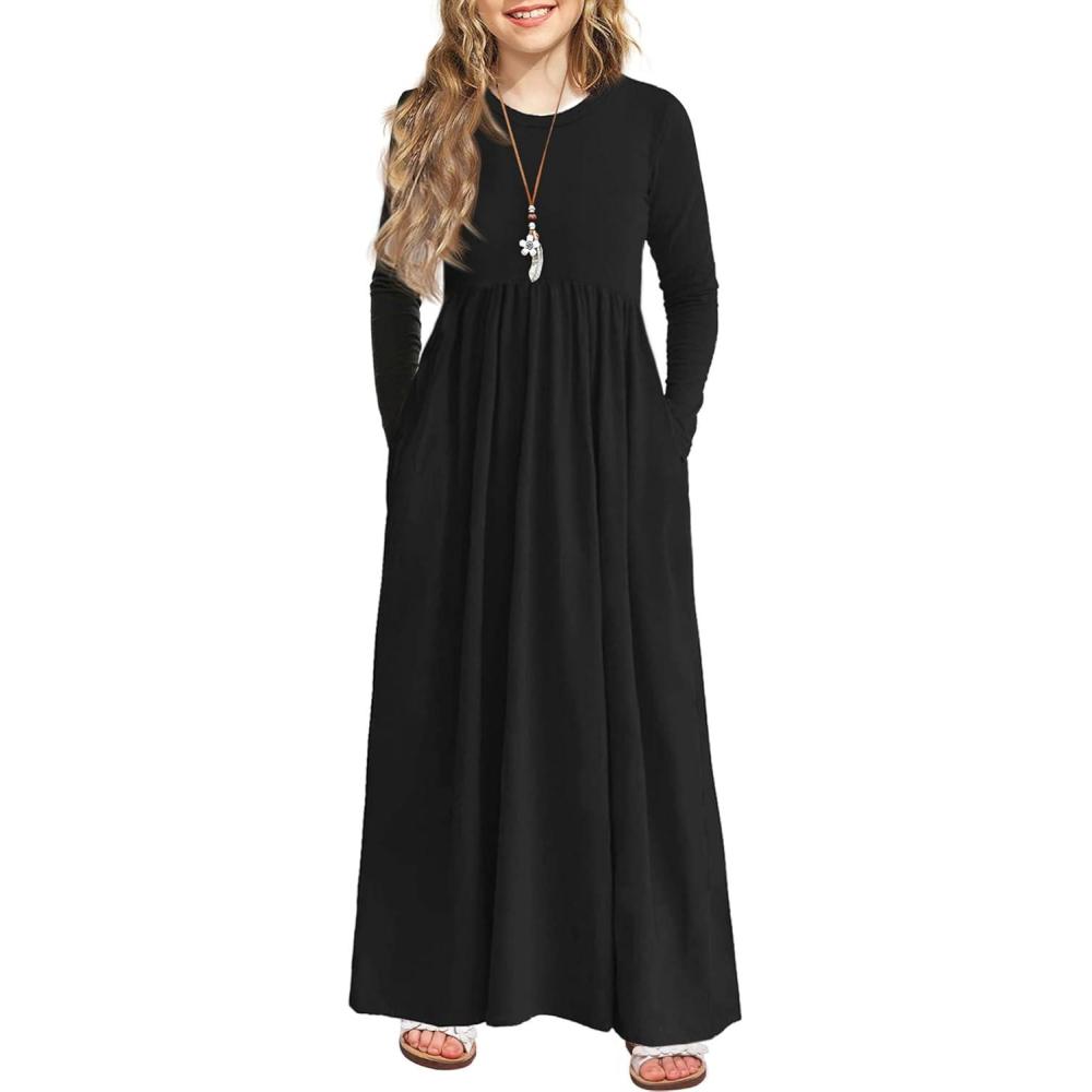 imageArshiner Girls Maxi Dress LongShort Sleeve Casual Holiday Dress with Pockets for 513 YearsLong Sleeve Black