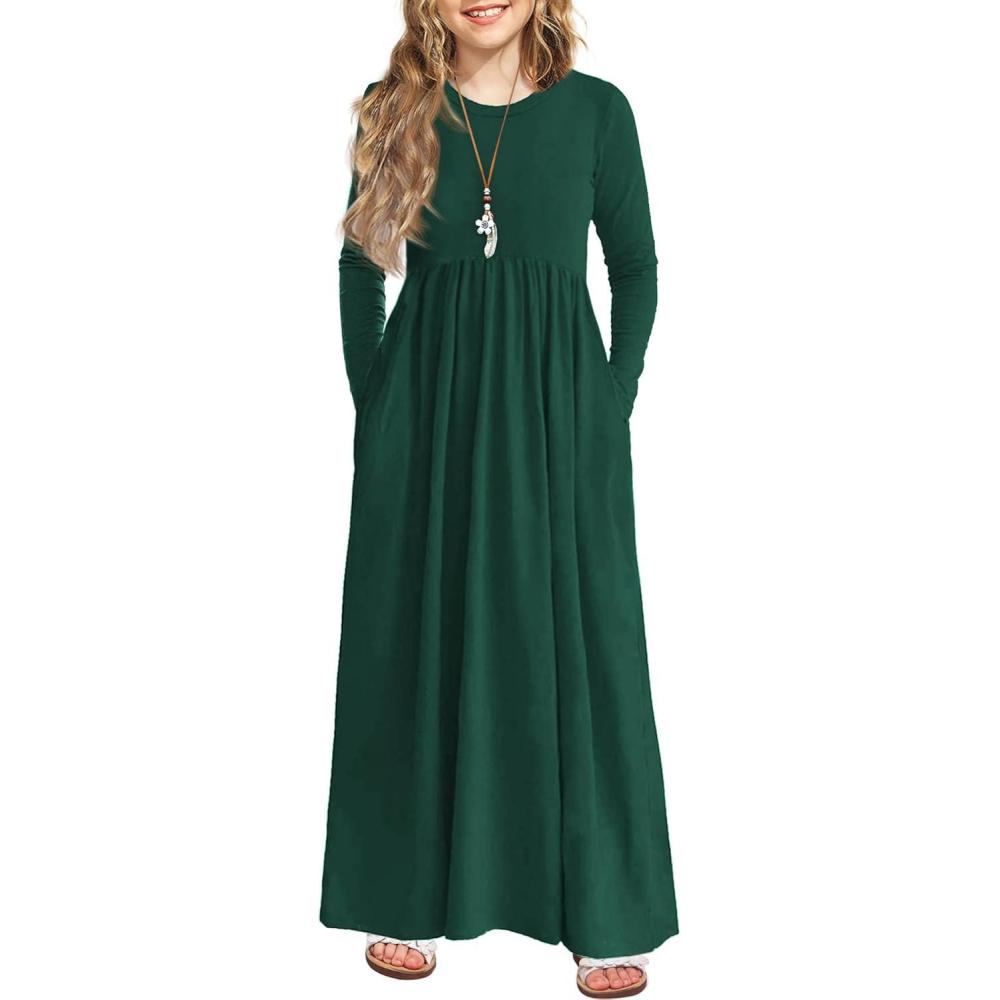 imageArshiner Girls Maxi Dress LongShort Sleeve Casual Holiday Dress with Pockets for 513 YearsLong Sleeve Dark Green