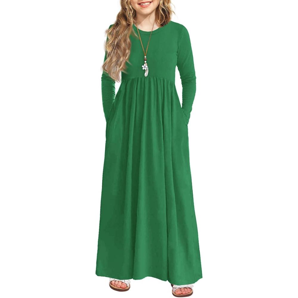 imageArshiner Girls Maxi Dress LongShort Sleeve Casual Holiday Dress with Pockets for 513 YearsLong Sleeve Green