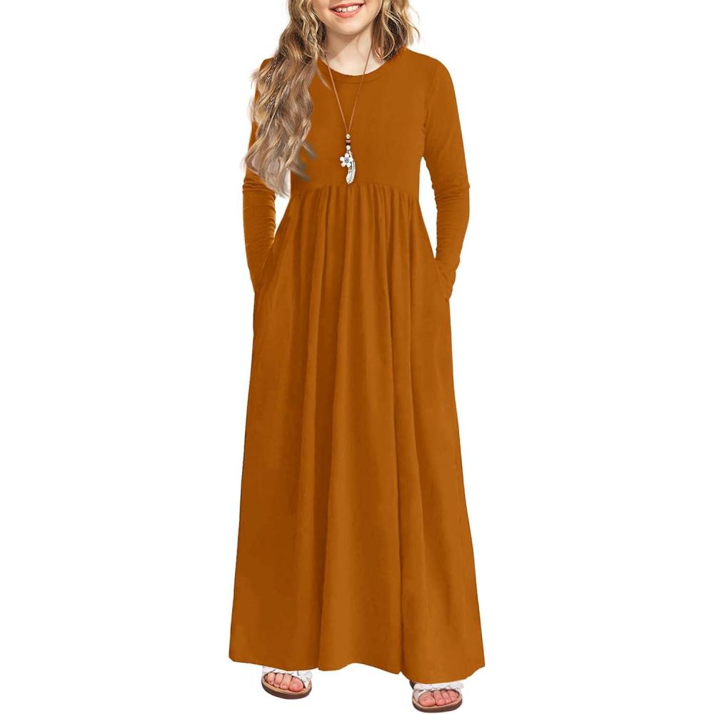 imageArshiner Girls Maxi Dress LongShort Sleeve Casual Holiday Dress with Pockets for 513 YearsLong Sleeve Light Brown