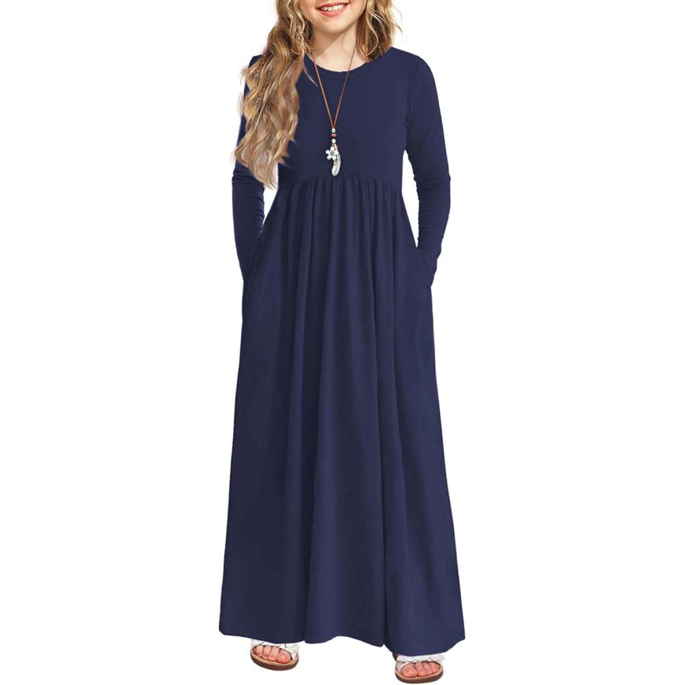 imageArshiner Girls Maxi Dress LongShort Sleeve Casual Holiday Dress with Pockets for 513 YearsLong Sleeve Navy Blue