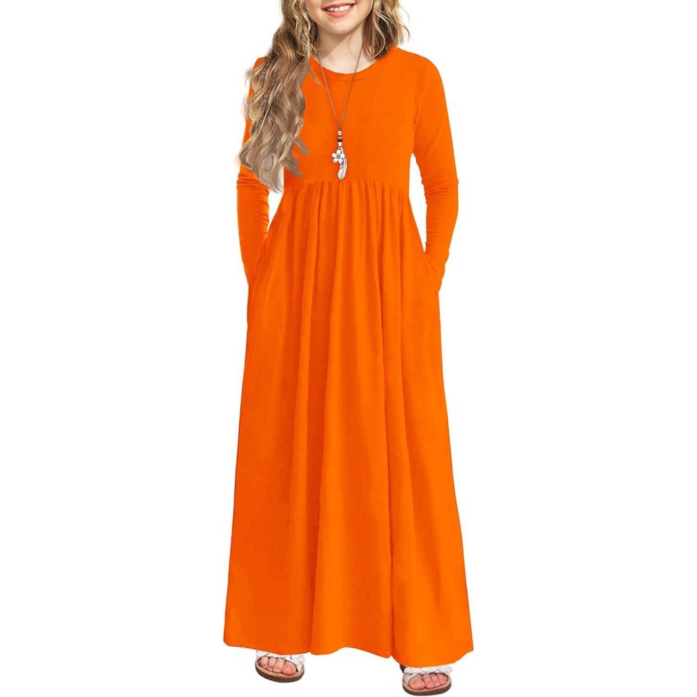 imageArshiner Girls Maxi Dress LongShort Sleeve Casual Holiday Dress with Pockets for 513 YearsLong Sleeve Orange