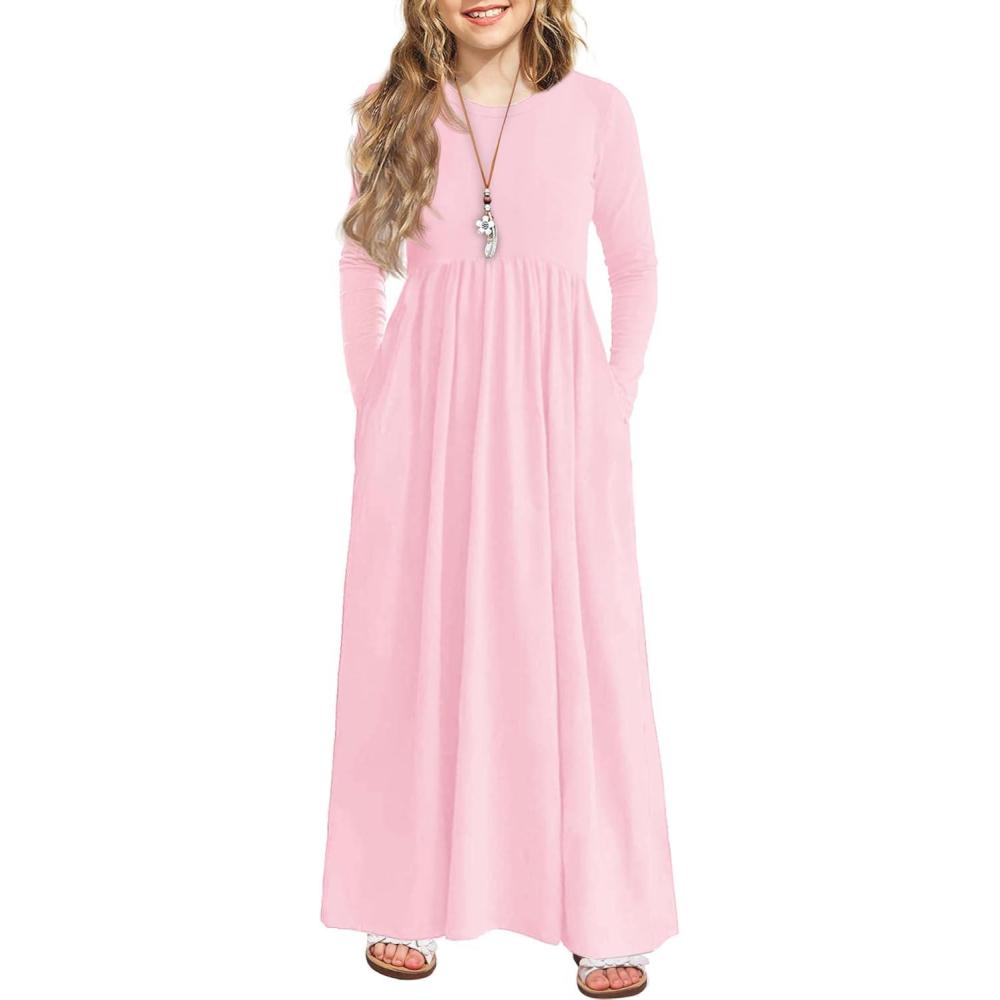 imageArshiner Girls Maxi Dress LongShort Sleeve Casual Holiday Dress with Pockets for 513 YearsLong Sleeve Pink