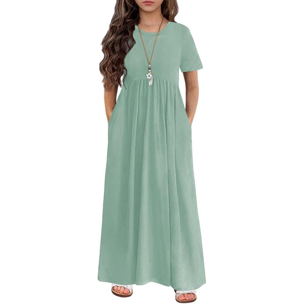 imageArshiner Girls Maxi Dress LongShort Sleeve Casual Holiday Dress with Pockets for 513 YearsSage Green