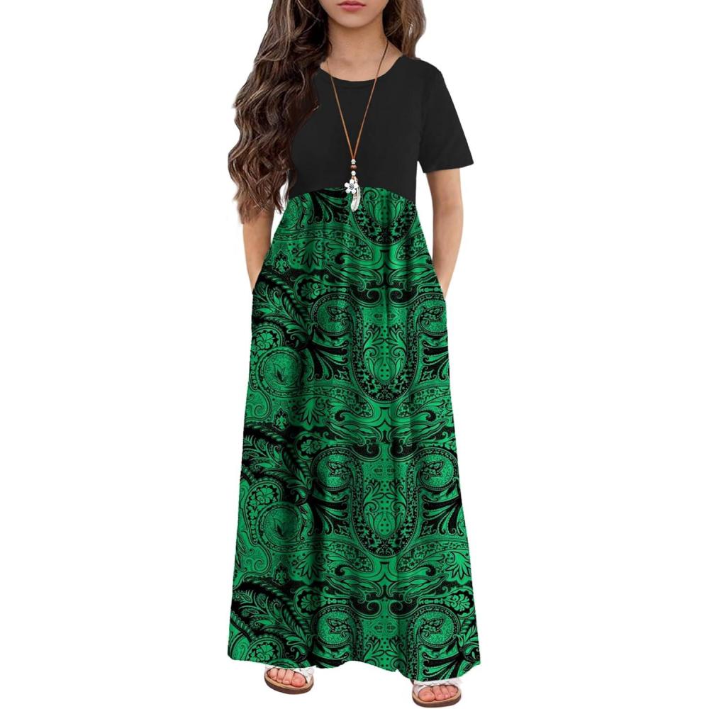 imageArshiner Girls Maxi Dress LongShort Sleeve Casual Holiday Dress with Pockets for 513 YearsShort Sleeve Black Floral