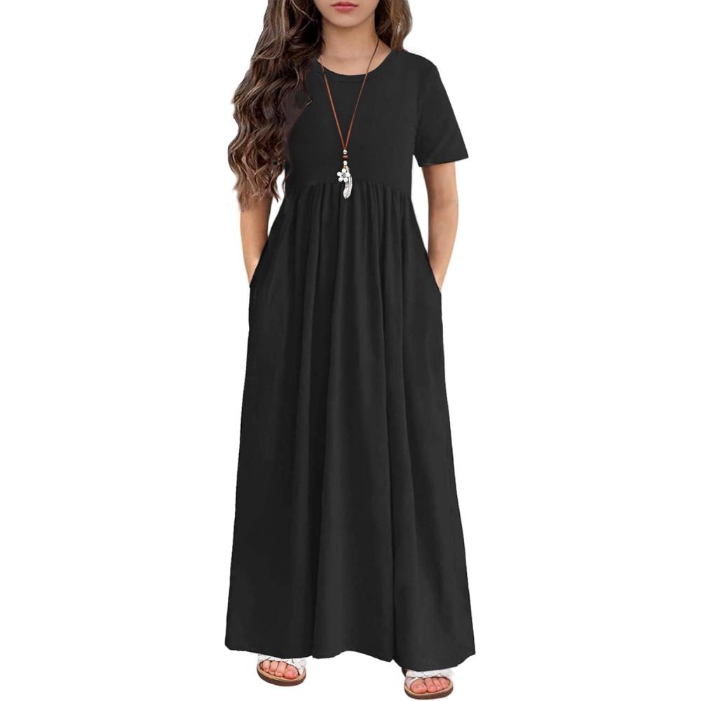 imageArshiner Girls Maxi Dress LongShort Sleeve Casual Holiday Dress with Pockets for 513 YearsShort Sleeve Black1