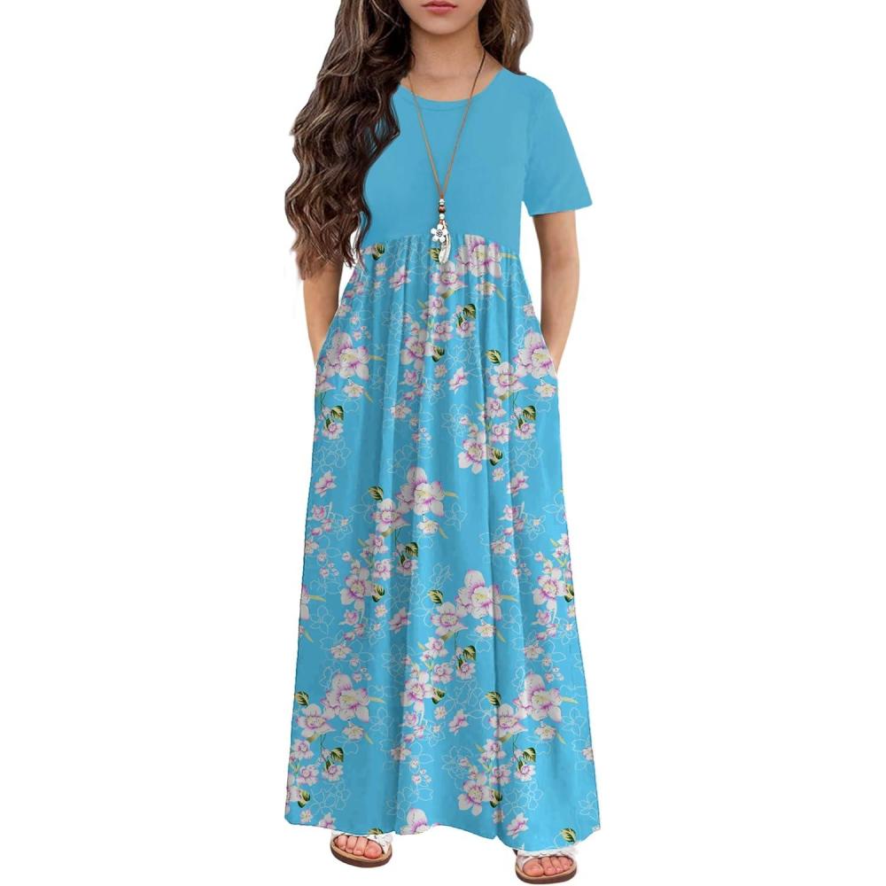 imageArshiner Girls Maxi Dress LongShort Sleeve Casual Holiday Dress with Pockets for 513 YearsShort Sleeve Blue Floral