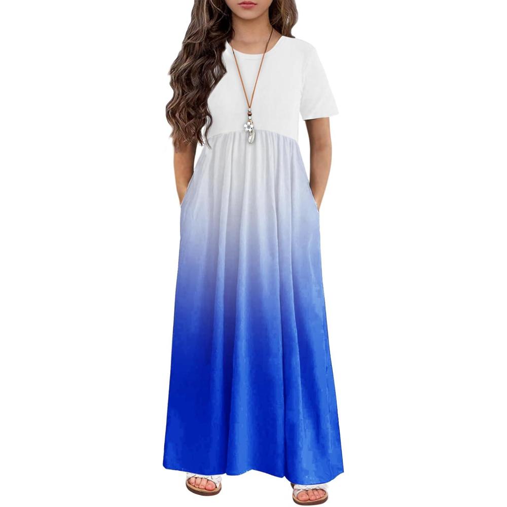 imageArshiner Girls Maxi Dress LongShort Sleeve Casual Holiday Dress with Pockets for 513 YearsShort Sleeve Blue Gradient