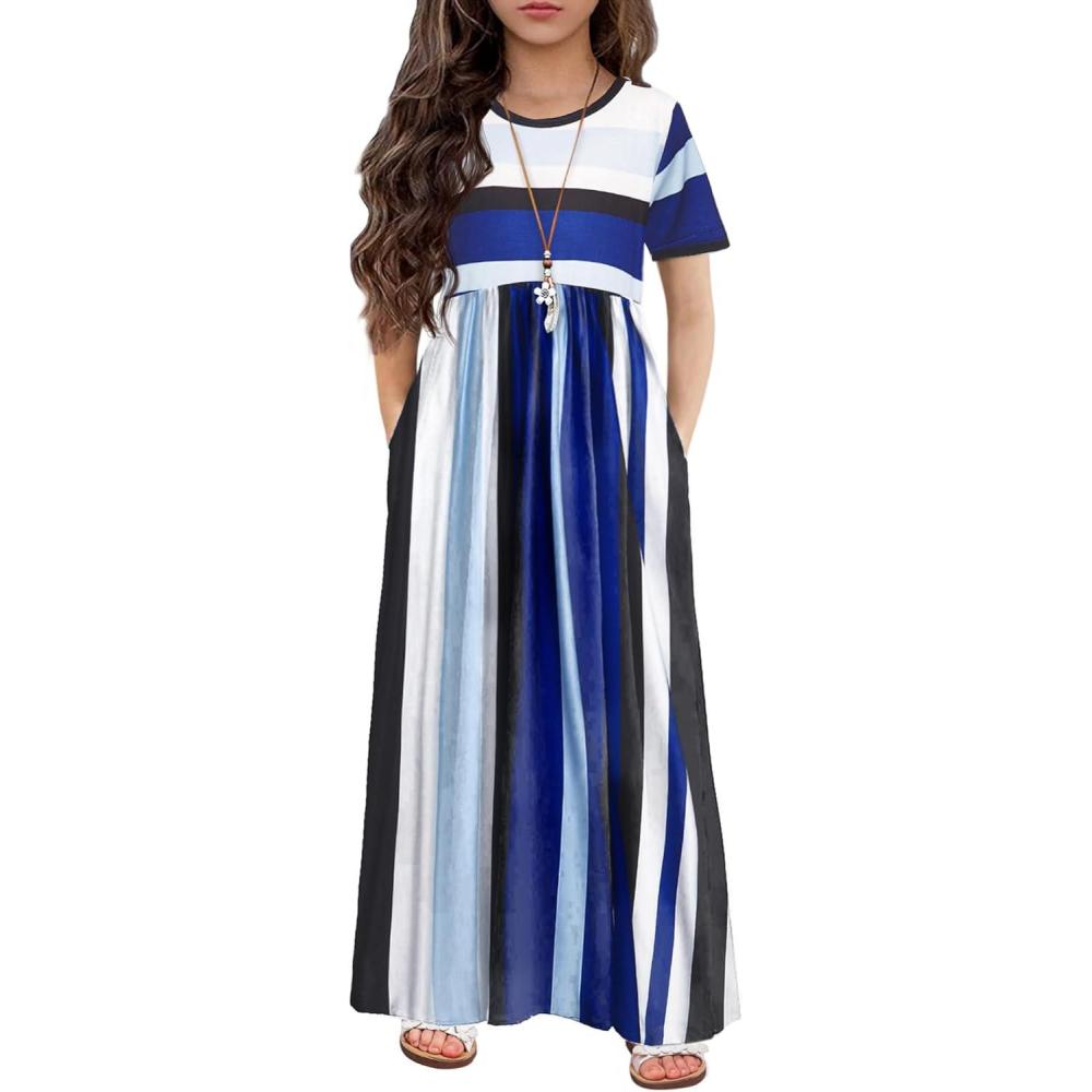 imageArshiner Girls Maxi Dress LongShort Sleeve Casual Holiday Dress with Pockets for 513 YearsShort Sleeve Blue Stripe