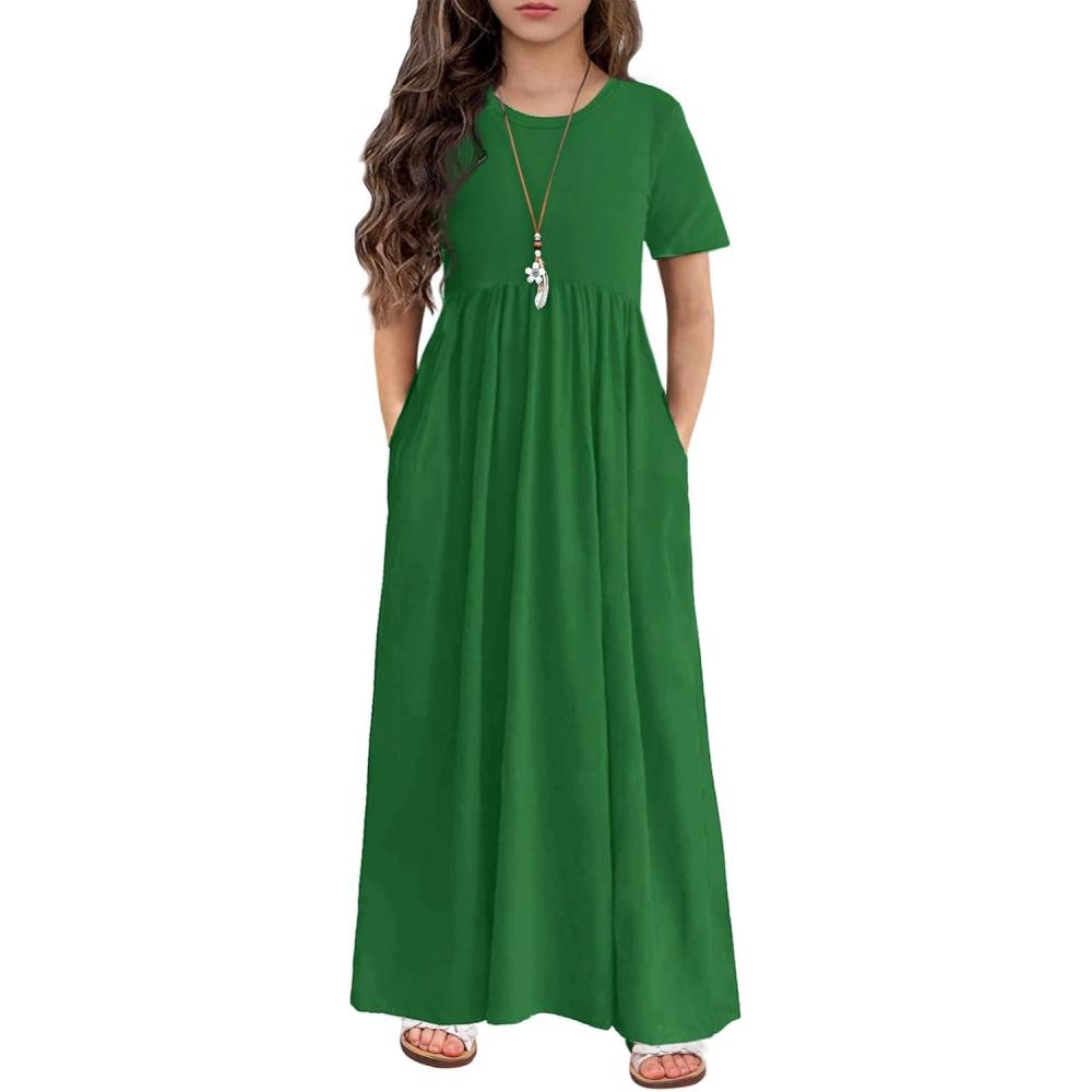 imageArshiner Girls Maxi Dress LongShort Sleeve Casual Holiday Dress with Pockets for 513 YearsShort Sleeve Green1