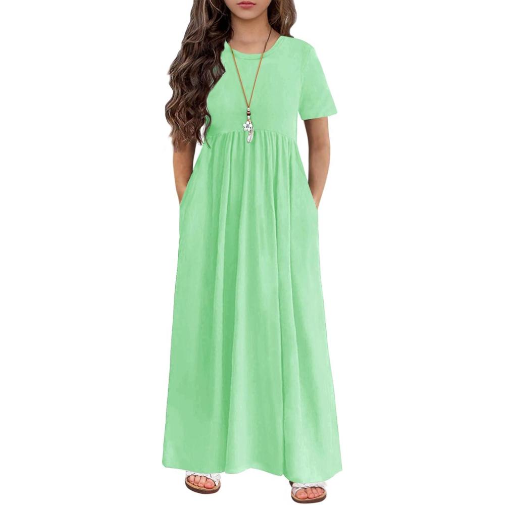 imageArshiner Girls Maxi Dress LongShort Sleeve Casual Holiday Dress with Pockets for 513 YearsShort Sleeve Ice Green
