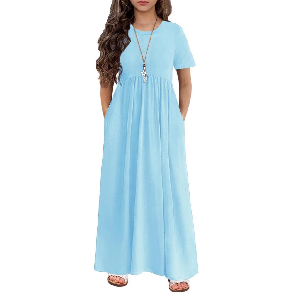 imageArshiner Girls Maxi Dress LongShort Sleeve Casual Holiday Dress with Pockets for 513 YearsShort Sleeve Light Blue