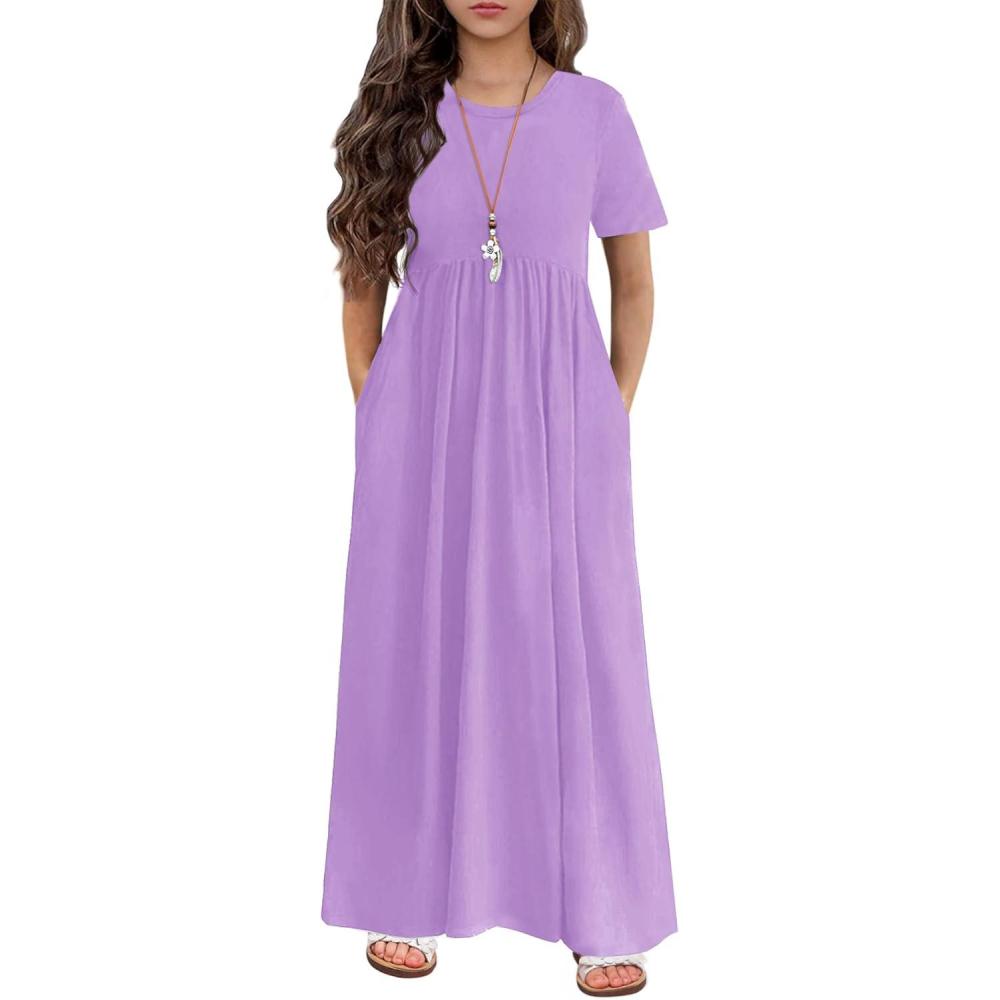 imageArshiner Girls Maxi Dress LongShort Sleeve Casual Holiday Dress with Pockets for 513 YearsShort Sleeve Lilac