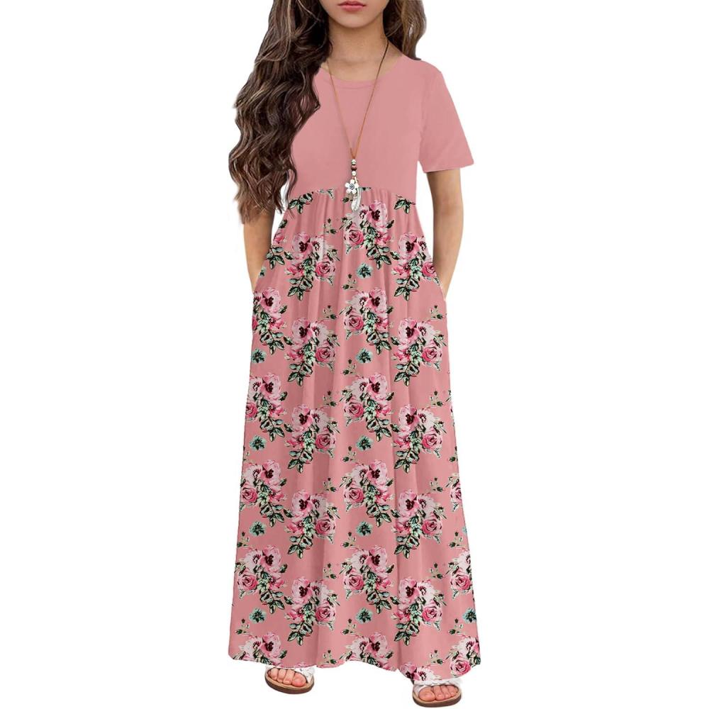 imageArshiner Girls Maxi Dress LongShort Sleeve Casual Holiday Dress with Pockets for 513 YearsShort Sleeve Pink Floral