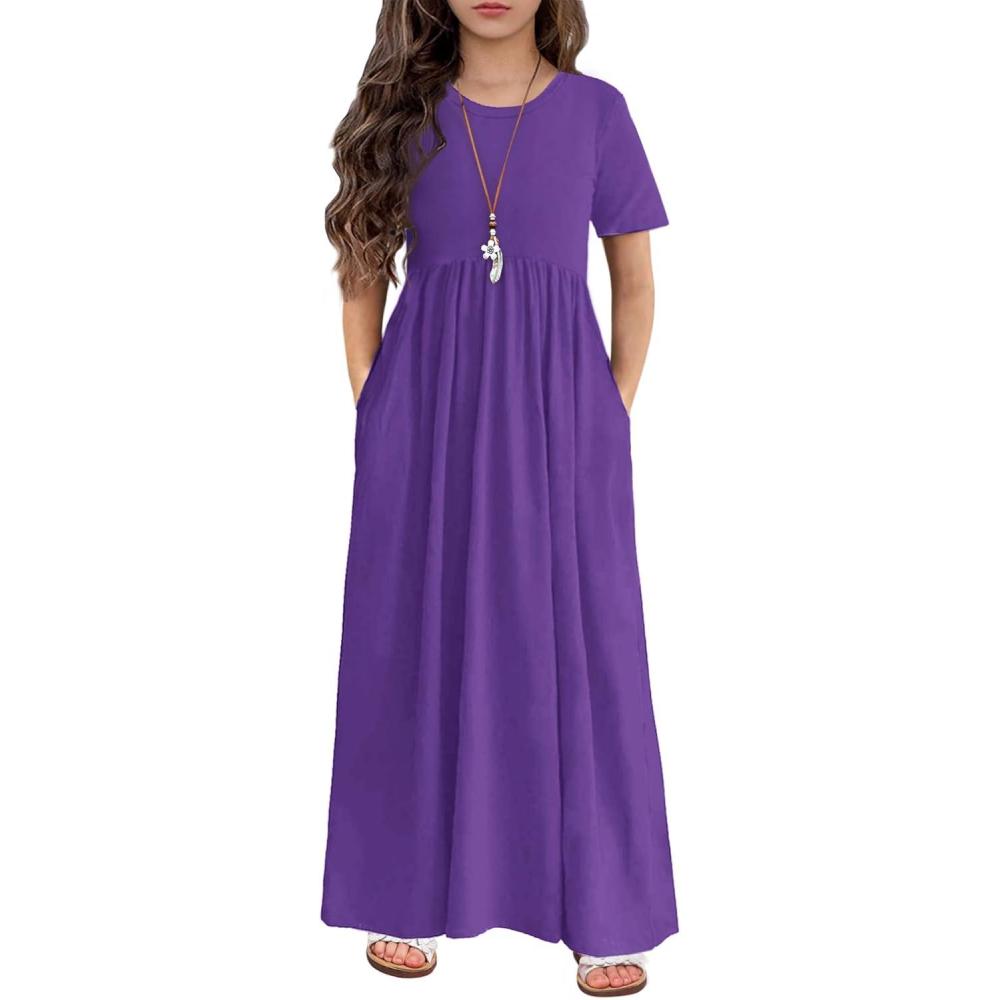 imageArshiner Girls Maxi Dress LongShort Sleeve Casual Holiday Dress with Pockets for 513 YearsShort Sleeve Purple