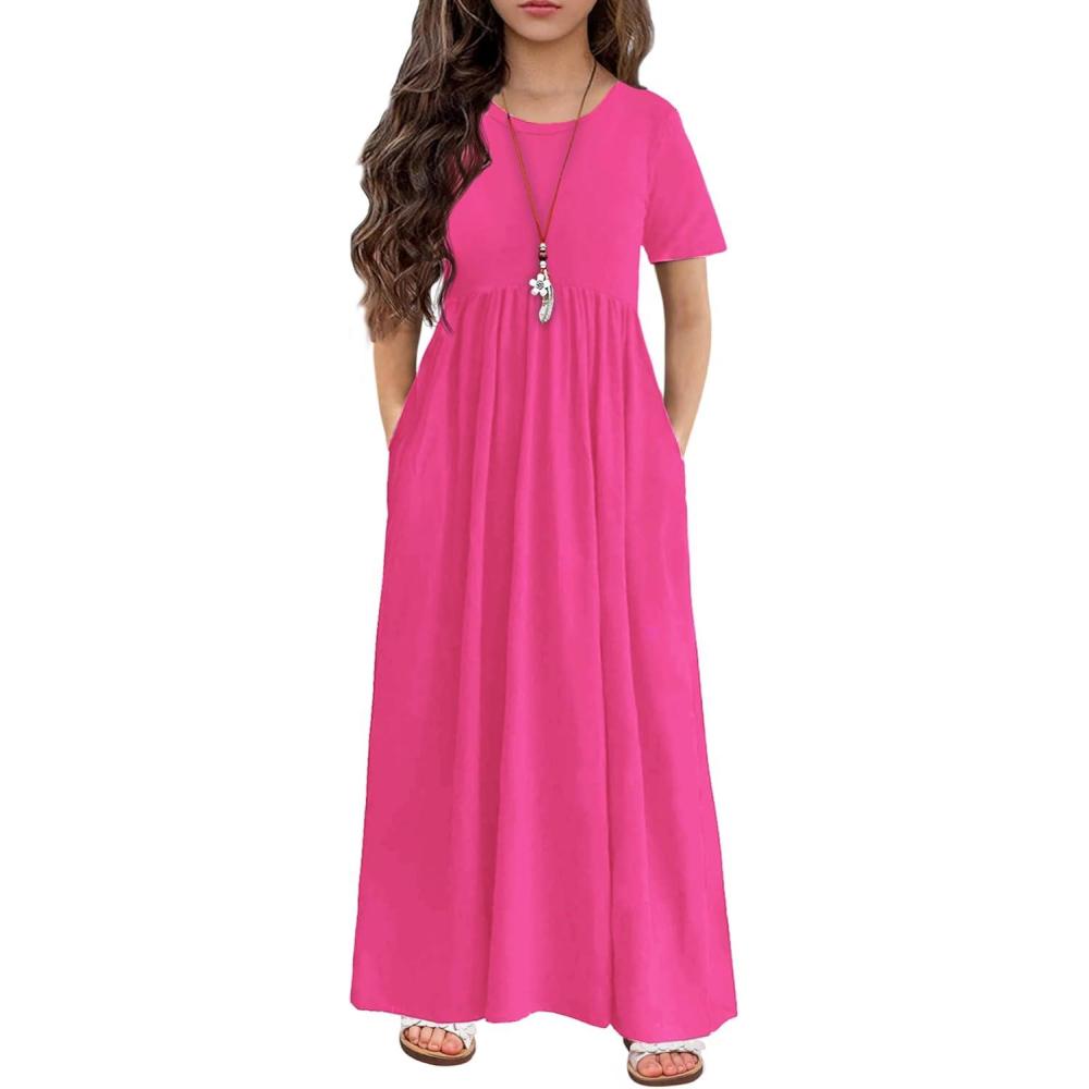 imageArshiner Girls Maxi Dress LongShort Sleeve Casual Holiday Dress with Pockets for 513 YearsShort Sleeve Rose Red