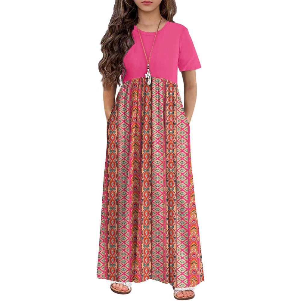 imageArshiner Girls Maxi Dress LongShort Sleeve Casual Holiday Dress with Pockets for 513 YearsShort Sleeve Rose Red Print