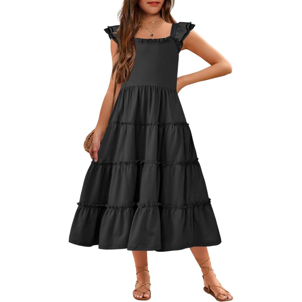 imageArshiner Girls Maxi Summer Short Flutter Sleeve Casual Dress with Pockets for 414 YBlack