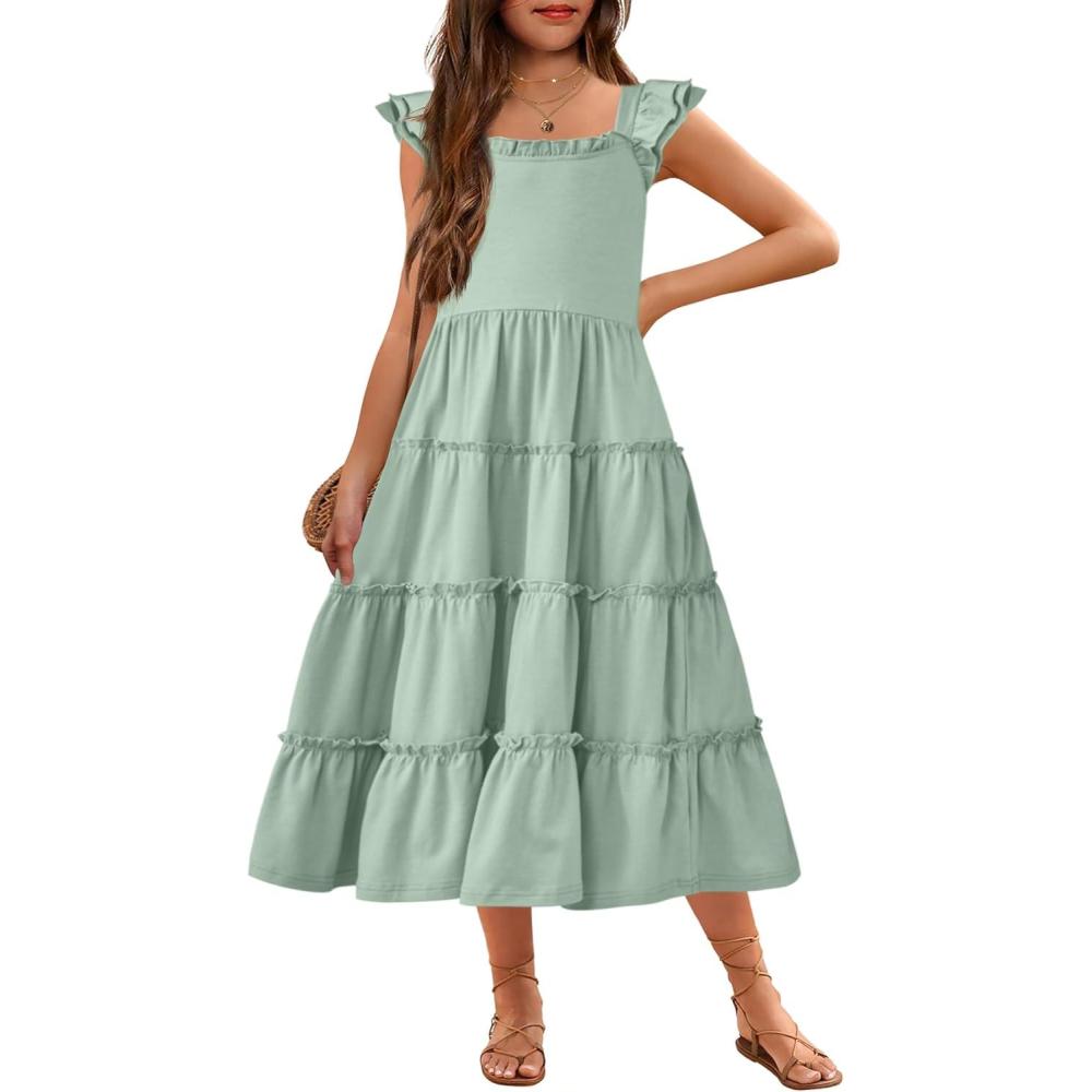imageArshiner Girls Maxi Summer Short Flutter Sleeve Casual Dress with Pockets for 414 YLight Green