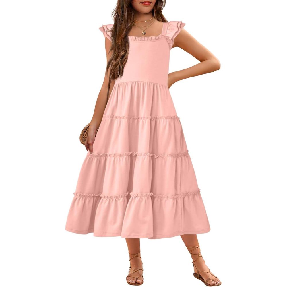 imageArshiner Girls Maxi Summer Short Flutter Sleeve Casual Dress with Pockets for 414 YLight Pink
