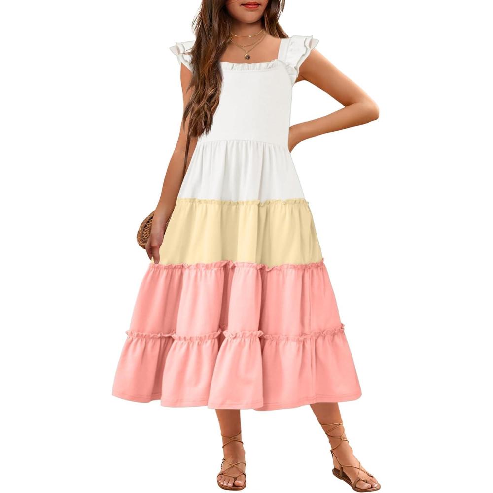 imageArshiner Girls Maxi Summer Short Flutter Sleeve Casual Dress with Pockets for 414 YWhite Pink