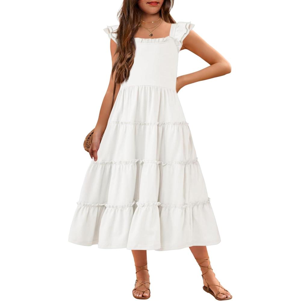 imageArshiner Girls Maxi Summer Short Flutter Sleeve Casual Dress with Pockets for 414 YWhite
