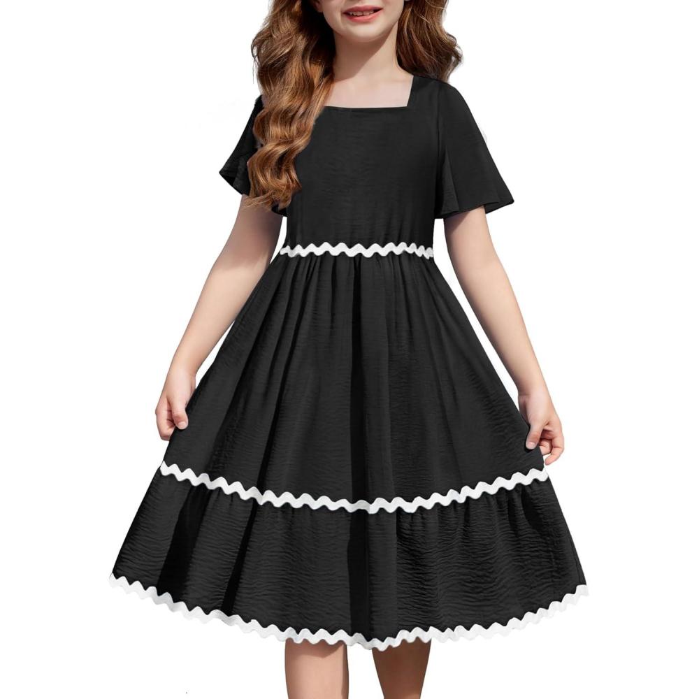 imageArshiner Girls Summer Dress Flutter RIC Rac Tiered Short Sleeve Square Neck Casual Midi Dresses with PocketsBlack