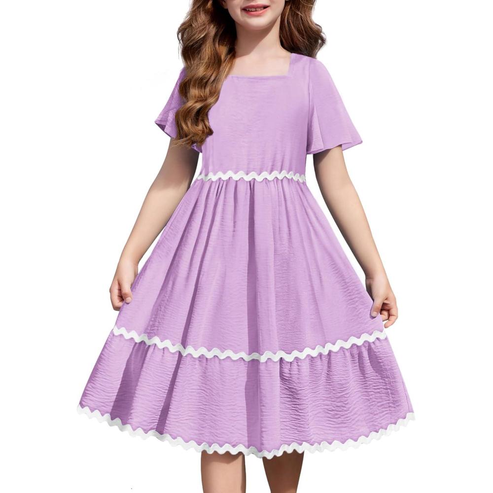 imageArshiner Girls Summer Dress Flutter RIC Rac Tiered Short Sleeve Square Neck Casual Midi Dresses with PocketsLavender