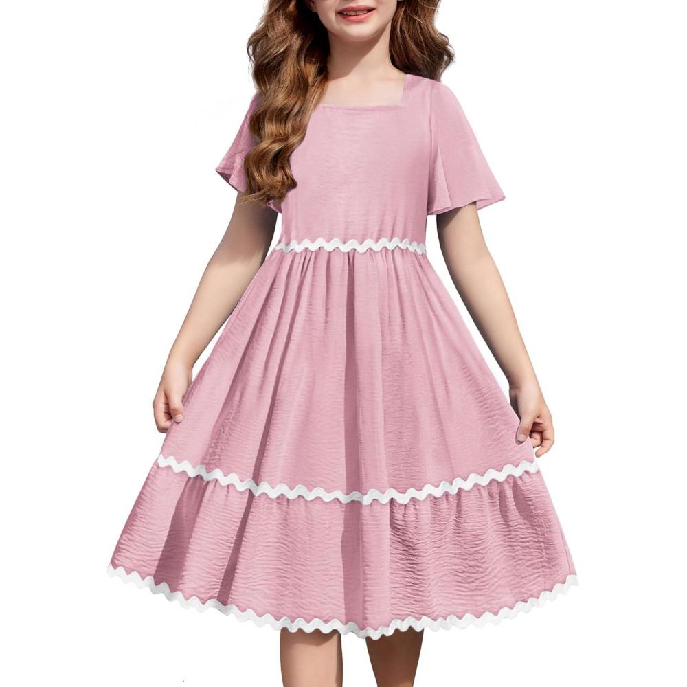imageArshiner Girls Summer Dress Flutter RIC Rac Tiered Short Sleeve Square Neck Casual Midi Dresses with PocketsPink