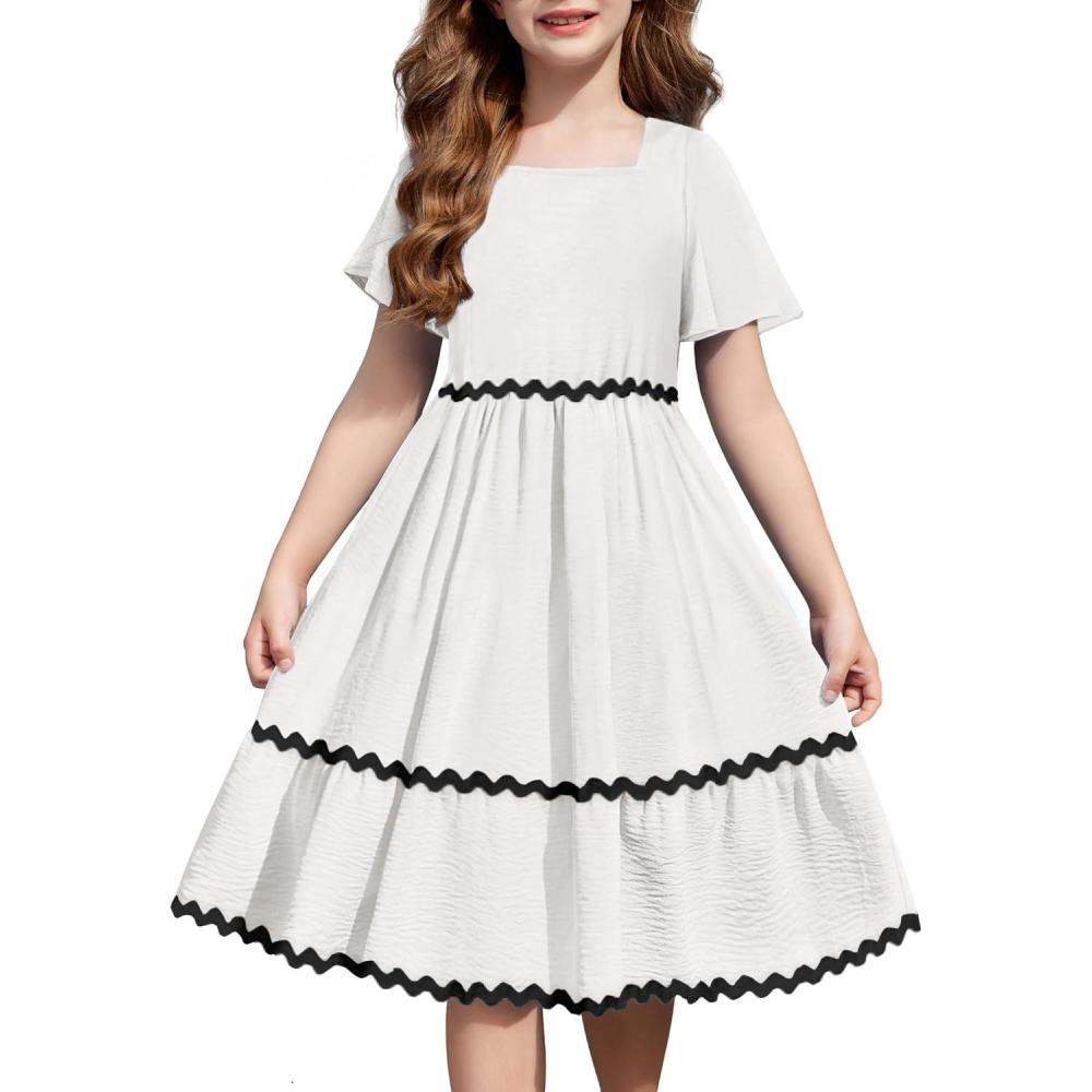 imageArshiner Girls Summer Dress Flutter RIC Rac Tiered Short Sleeve Square Neck Casual Midi Dresses with PocketsWhite