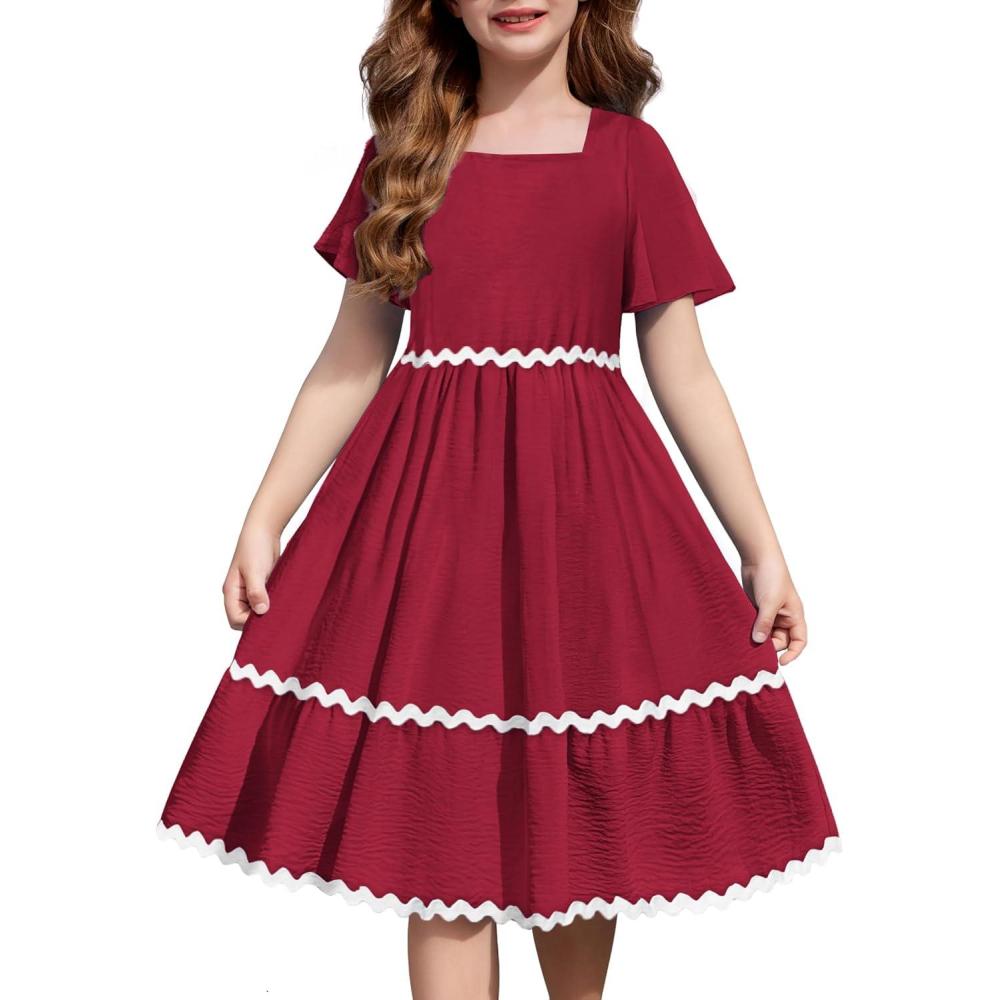 imageArshiner Girls Summer Dress Flutter RIC Rac Tiered Short Sleeve Square Neck Casual Midi Dresses with PocketsWine Red