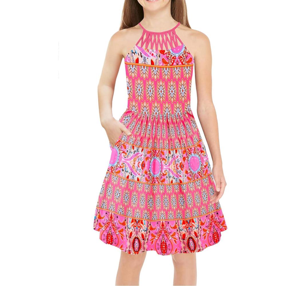 imageArshiner Girls Summer Dress Halter Neck Boho Crochet Hollow Out Casual Sundress with Pockets for 513 YearsBohemia Pink