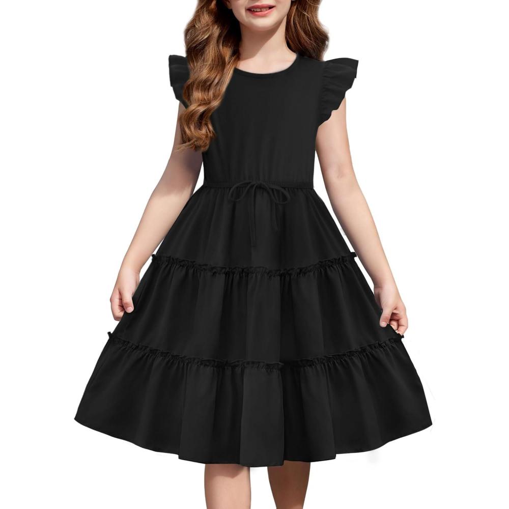 imageArshiner Girls Summer Dress Ruffle Sleeve Tiered Casual Party Dresses with Pockets 512 YearsBlack
