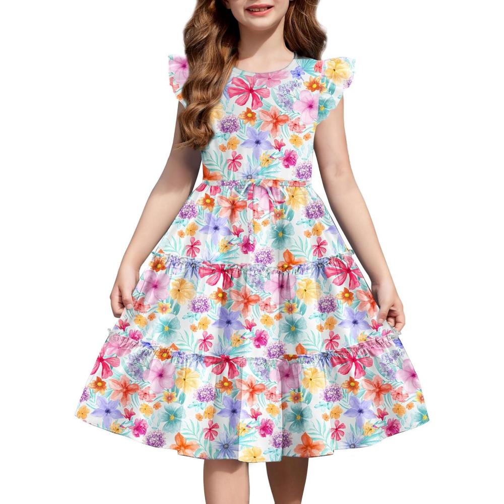 imageArshiner Girls Summer Dress Ruffle Sleeve Tiered Casual Party Dresses with Pockets 512 YearsColorful Flower