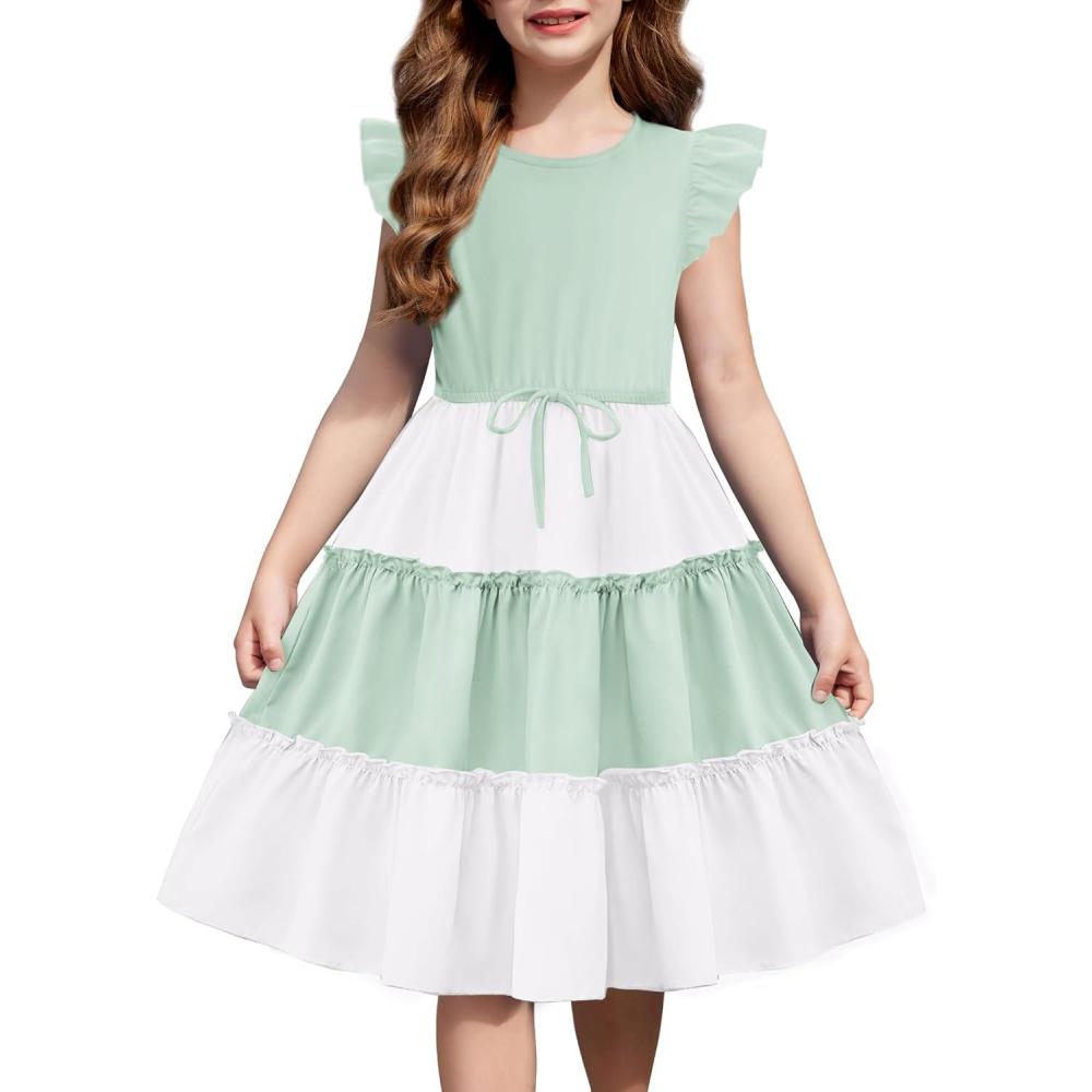 imageArshiner Girls Summer Dress Ruffle Sleeve Tiered Casual Party Dresses with Pockets 512 YearsGreenwhite