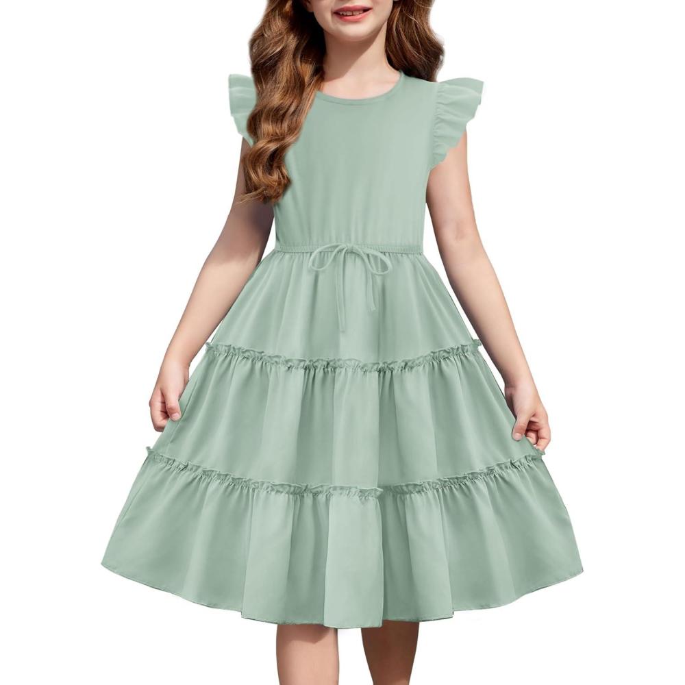 imageArshiner Girls Summer Dress Ruffle Sleeve Tiered Casual Party Dresses with Pockets 512 YearsLight Green