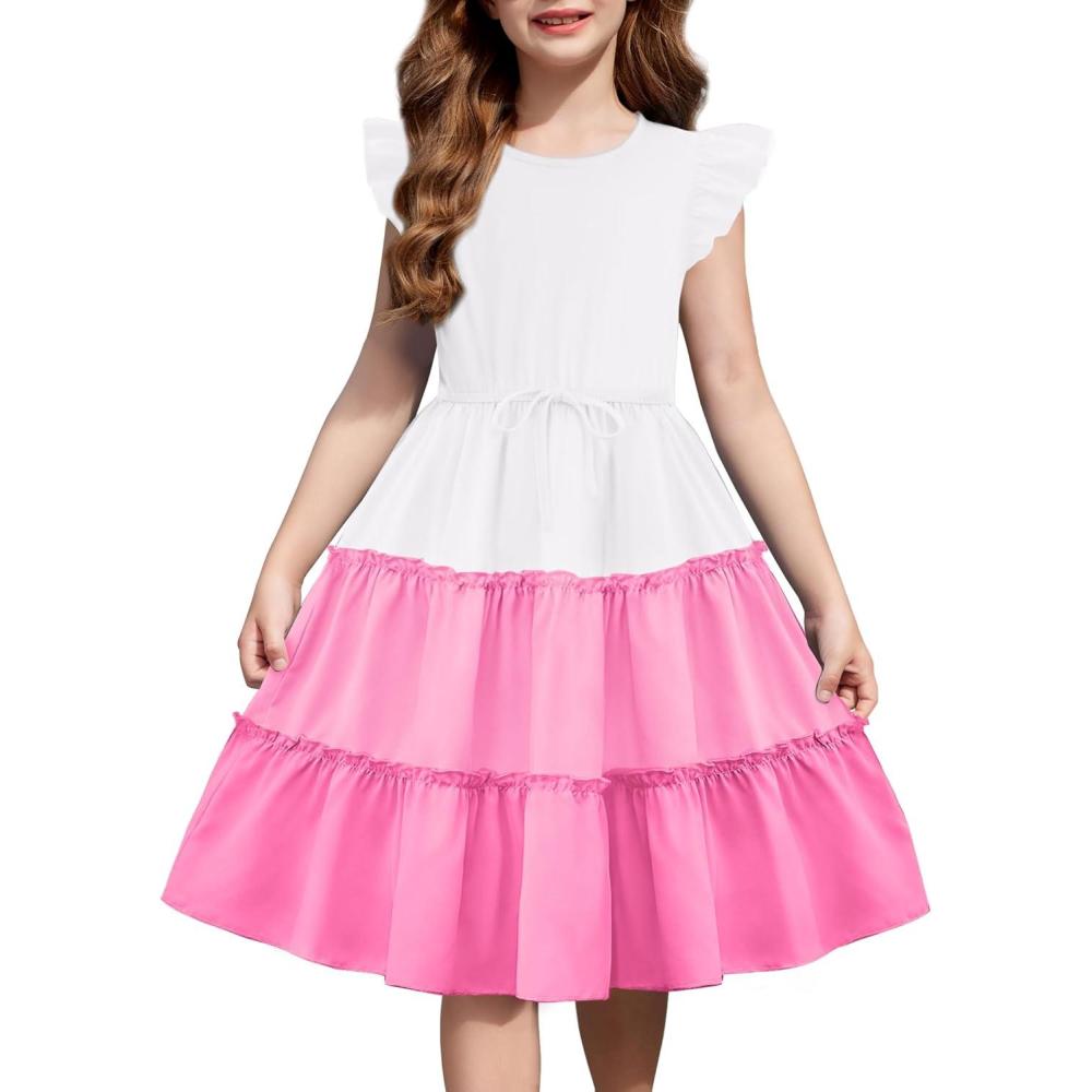 imageArshiner Girls Summer Dress Ruffle Sleeve Tiered Casual Party Dresses with Pockets 512 YearsWhitepink
