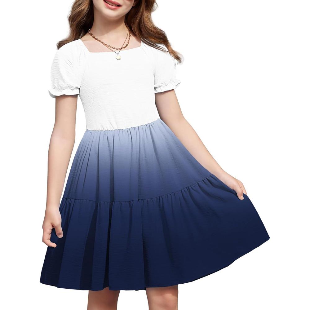 imageArshiner Girls Summer Dress Tie Back Short Sleeve Square Neck Tiered Midi Casual Dresses with PocketsBlue Gradient